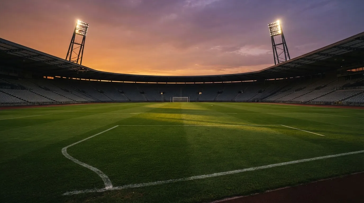 Un estadio de fútbol vacío con torres de iluminación al atardecer