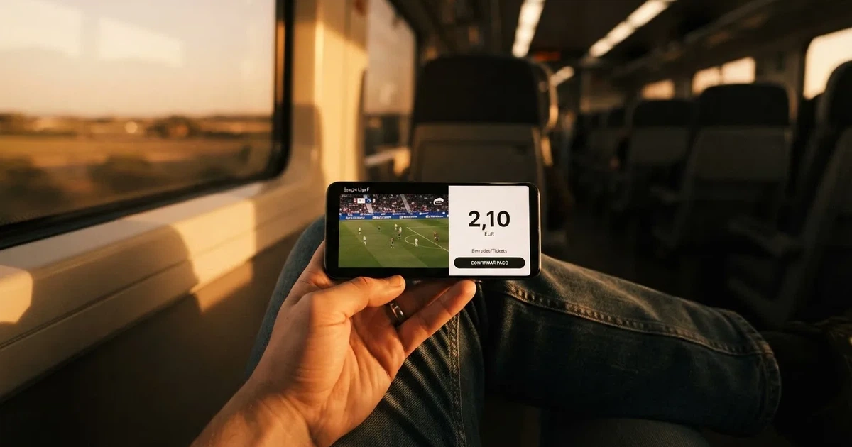 Una mano sostiene un móvil en el tren por la tarde, con la pantalla girada