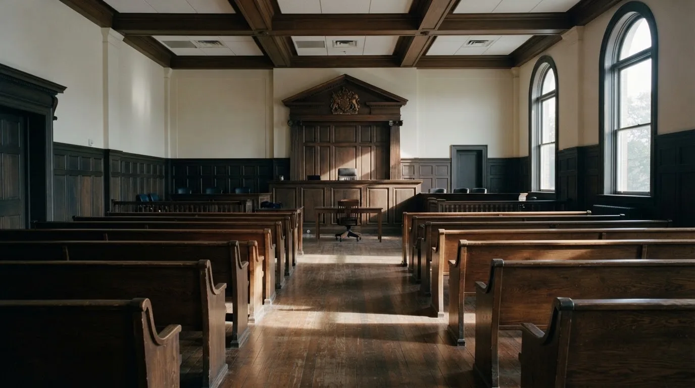 Una sala de tribunal vacía con bancos de madera a la luz de la mañana