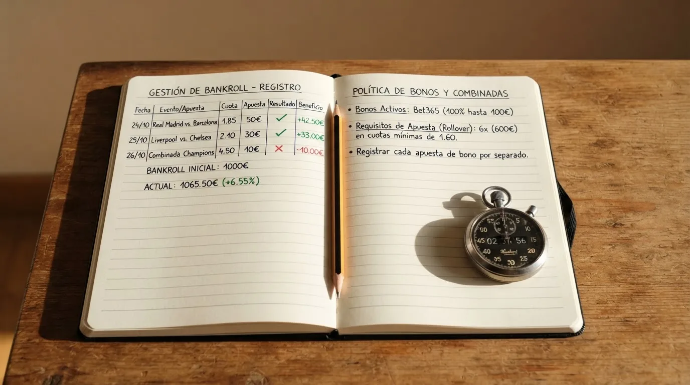 Un cuaderno abierto con un lápiz y un cronómetro sobre una mesa de madera