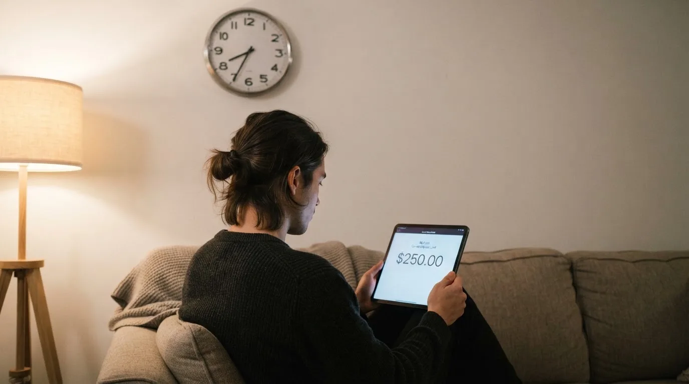 Una persona en el sofá mira pensativa una tableta, con un reloj de pared al fondo