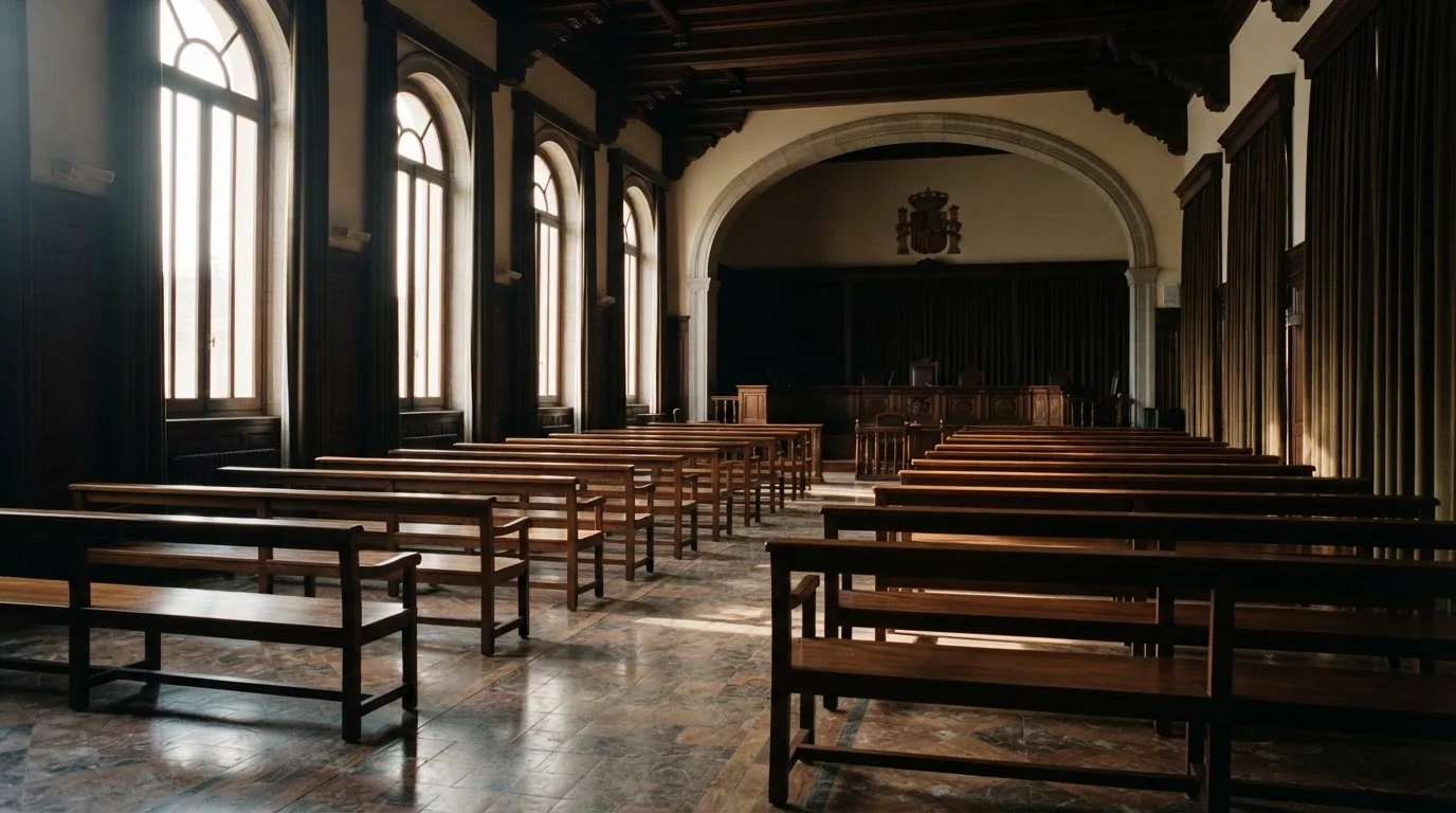 Una sala de tribunal vacía con bancos de madera a la luz de la mañana