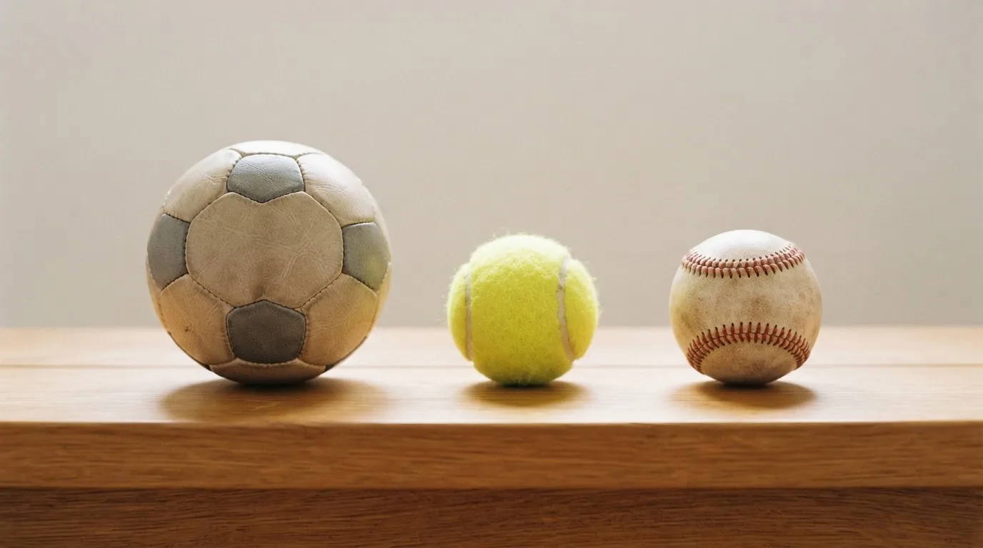 Tres balones de distintos tipos, uno junto a otro, sobre un banco de madera