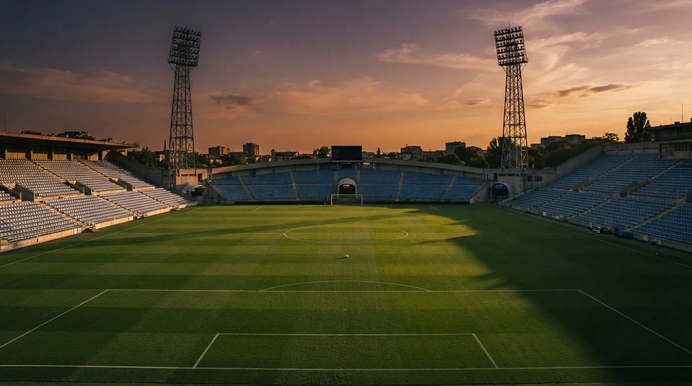 Un estadio de fútbol vacío con torres de iluminación al atardecer