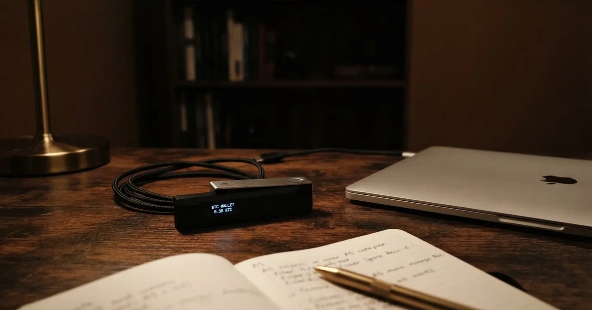 Un monedero físico de criptomonedas y un portátil cerrado sobre un escritorio con poca luz