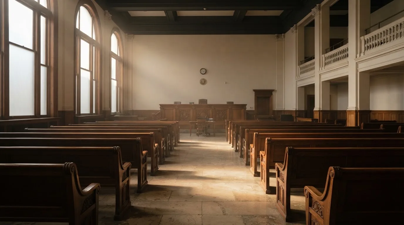 Una sala de tribunal vacía con bancos de madera a la luz de la mañana