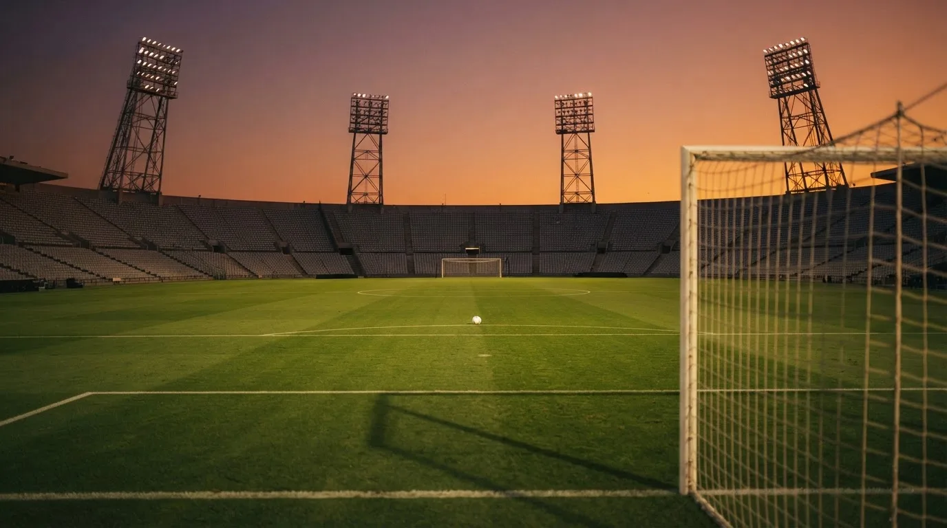Un estadio de fútbol vacío con torres de iluminación al atardecer