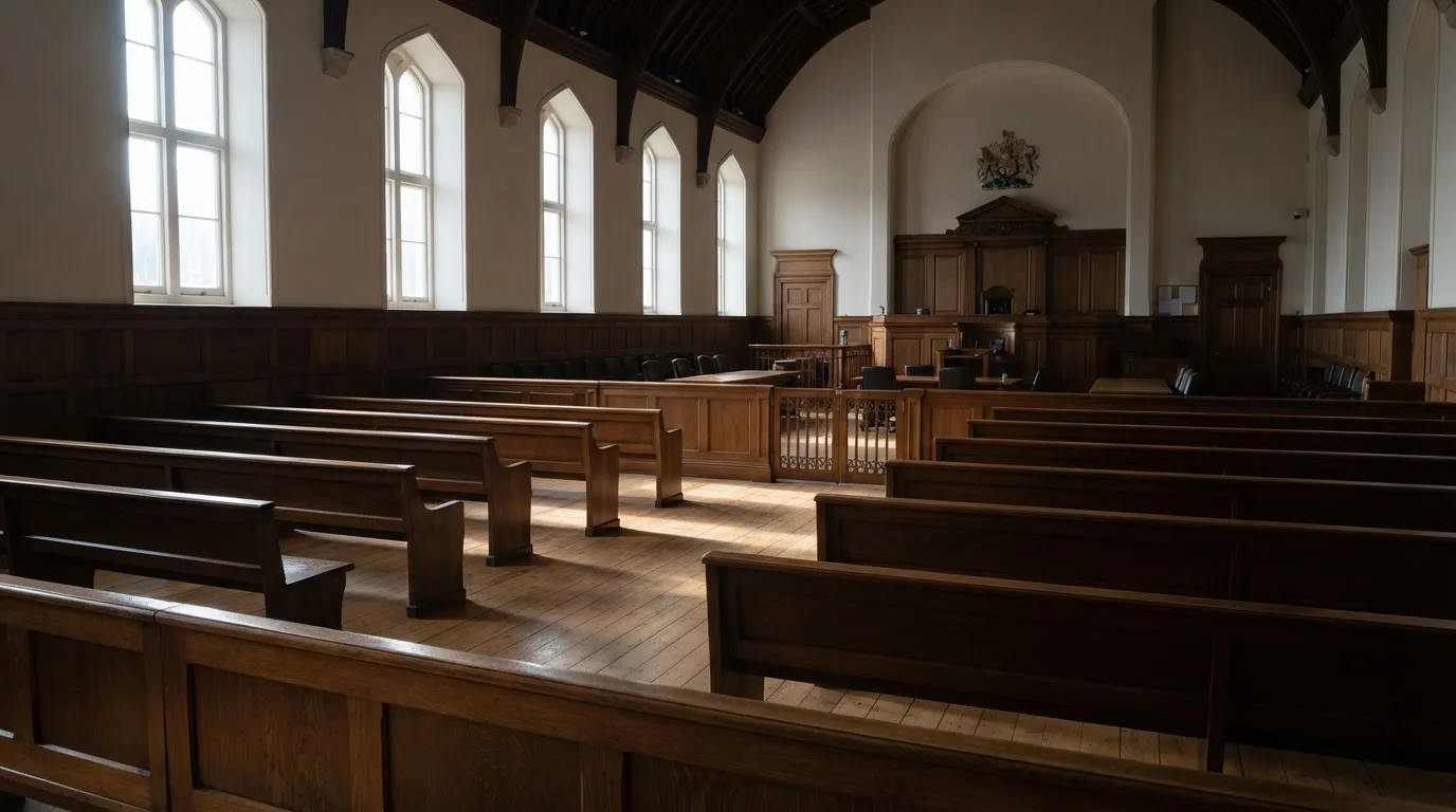 Una sala de tribunal vacía con bancos de madera a la luz de la mañana