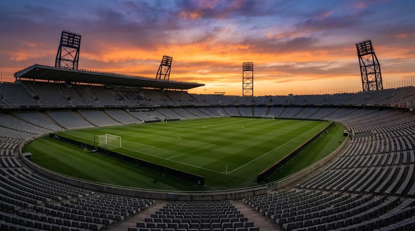 Un estadio de fútbol vacío con torres de iluminación al atardecer