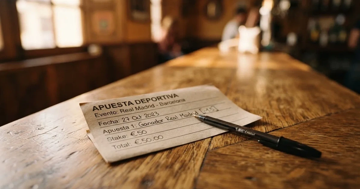 Un boleto de papel en blanco junto a un bolígrafo sobre un mostrador de madera