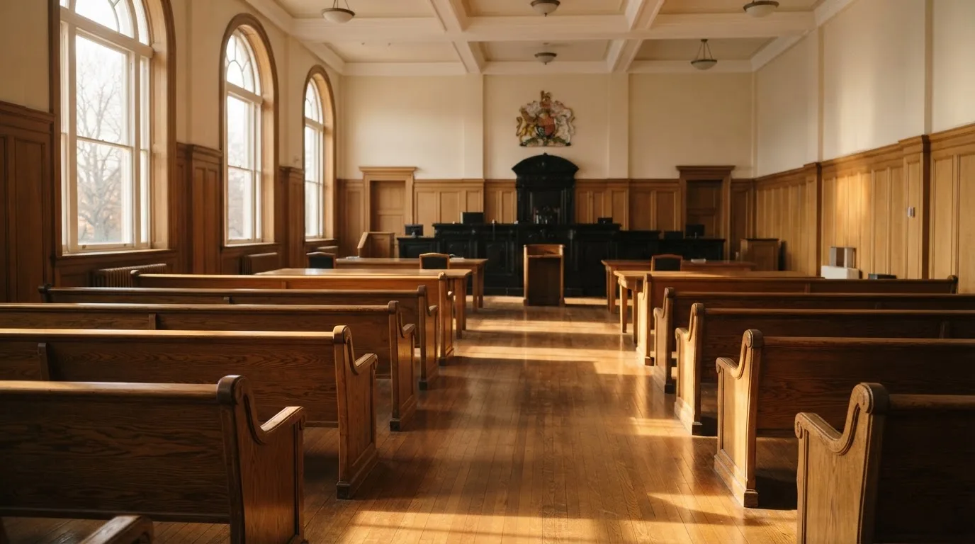 Una sala de tribunal vacía con bancos de madera a la luz de la mañana