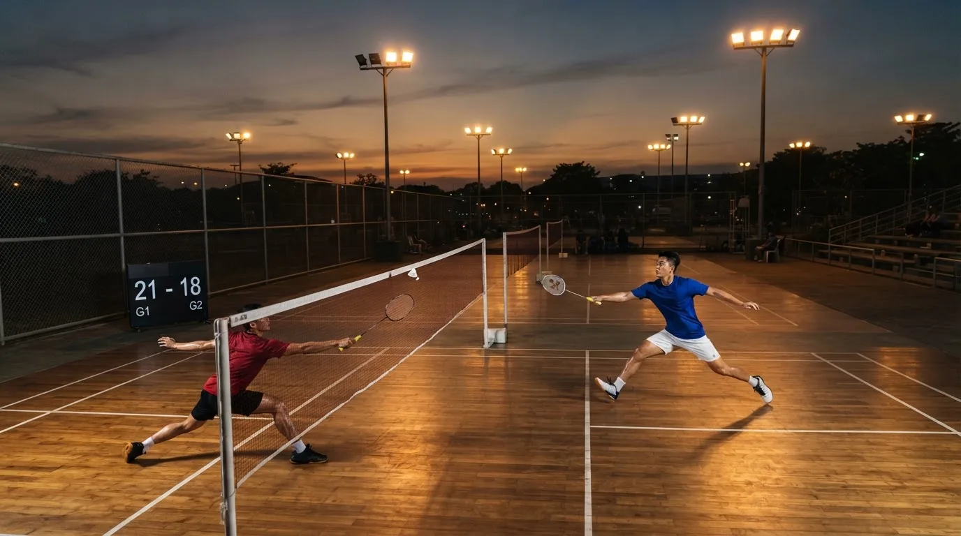 Un estadio de fútbol vacío con torres de iluminación al atardecer