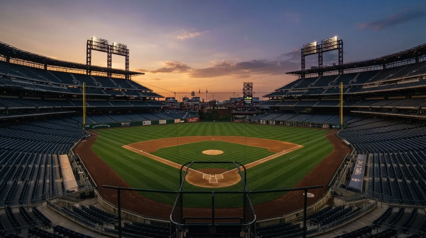 Un estadio de fútbol vacío con torres de iluminación al atardecer