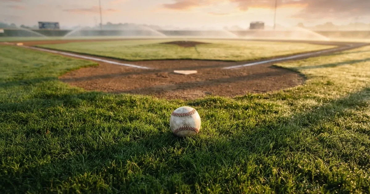 Un balón en el punto central de un campo de césped a la luz de la mañana