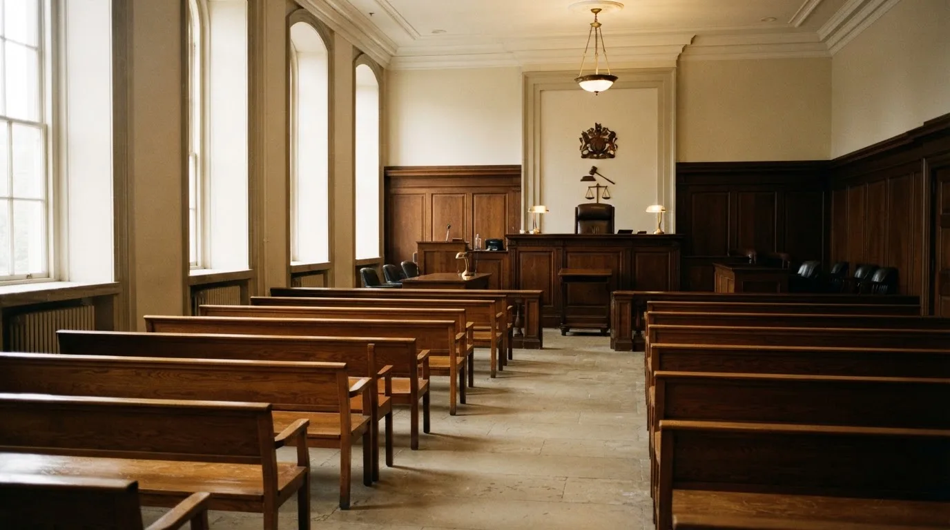 Una sala de tribunal vacía con bancos de madera a la luz de la mañana
