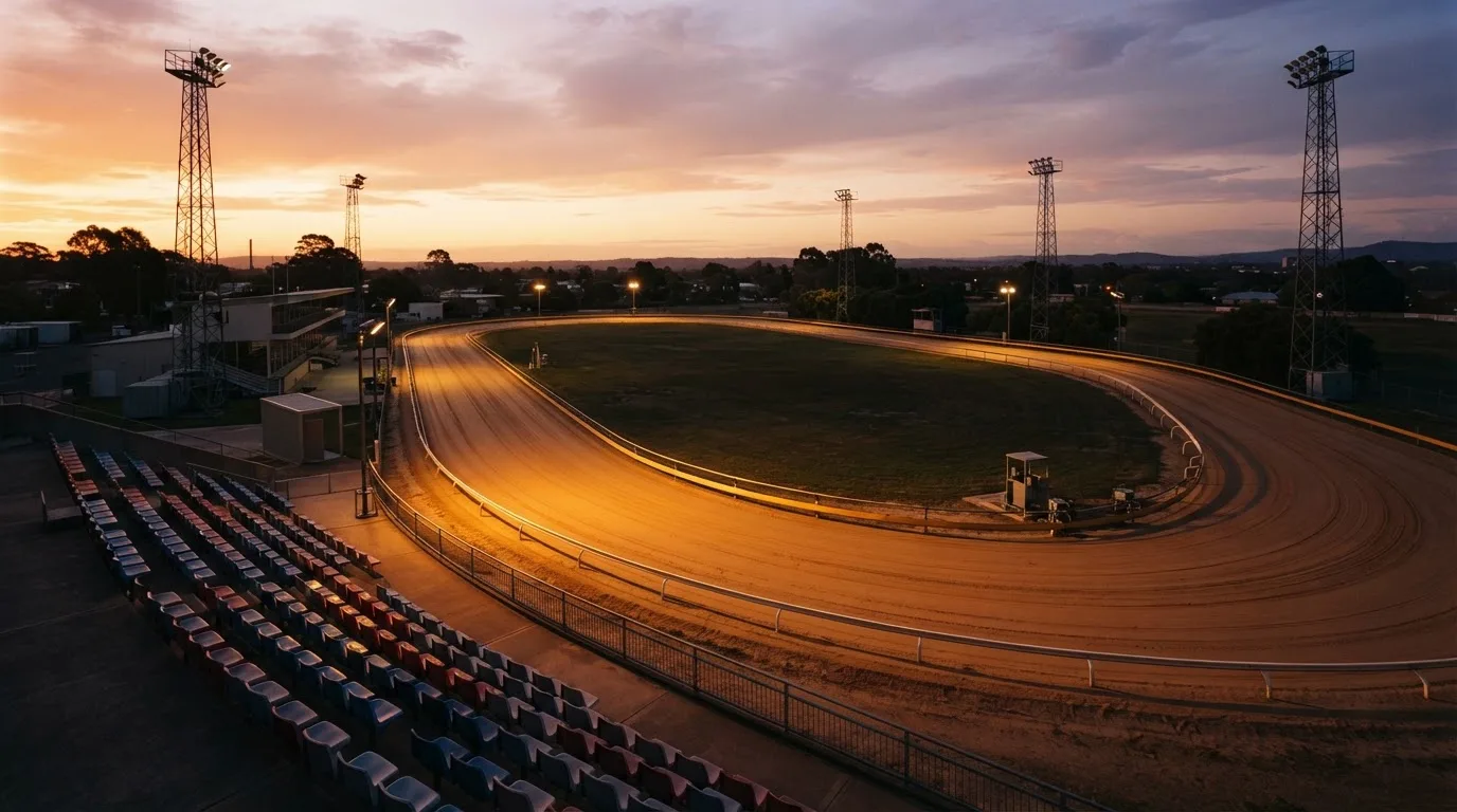 Un estadio de fútbol vacío con torres de iluminación al atardecer