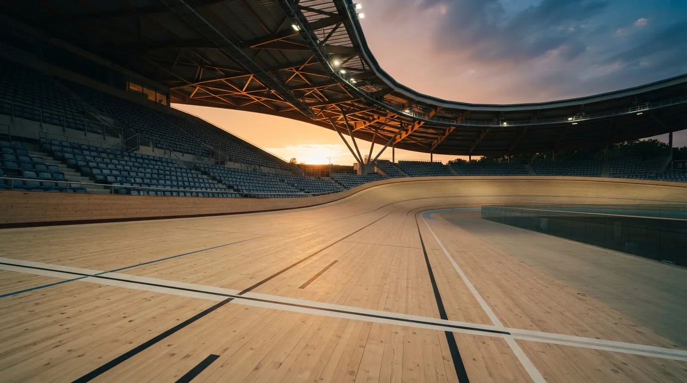 Un estadio de fútbol vacío con torres de iluminación al atardecer