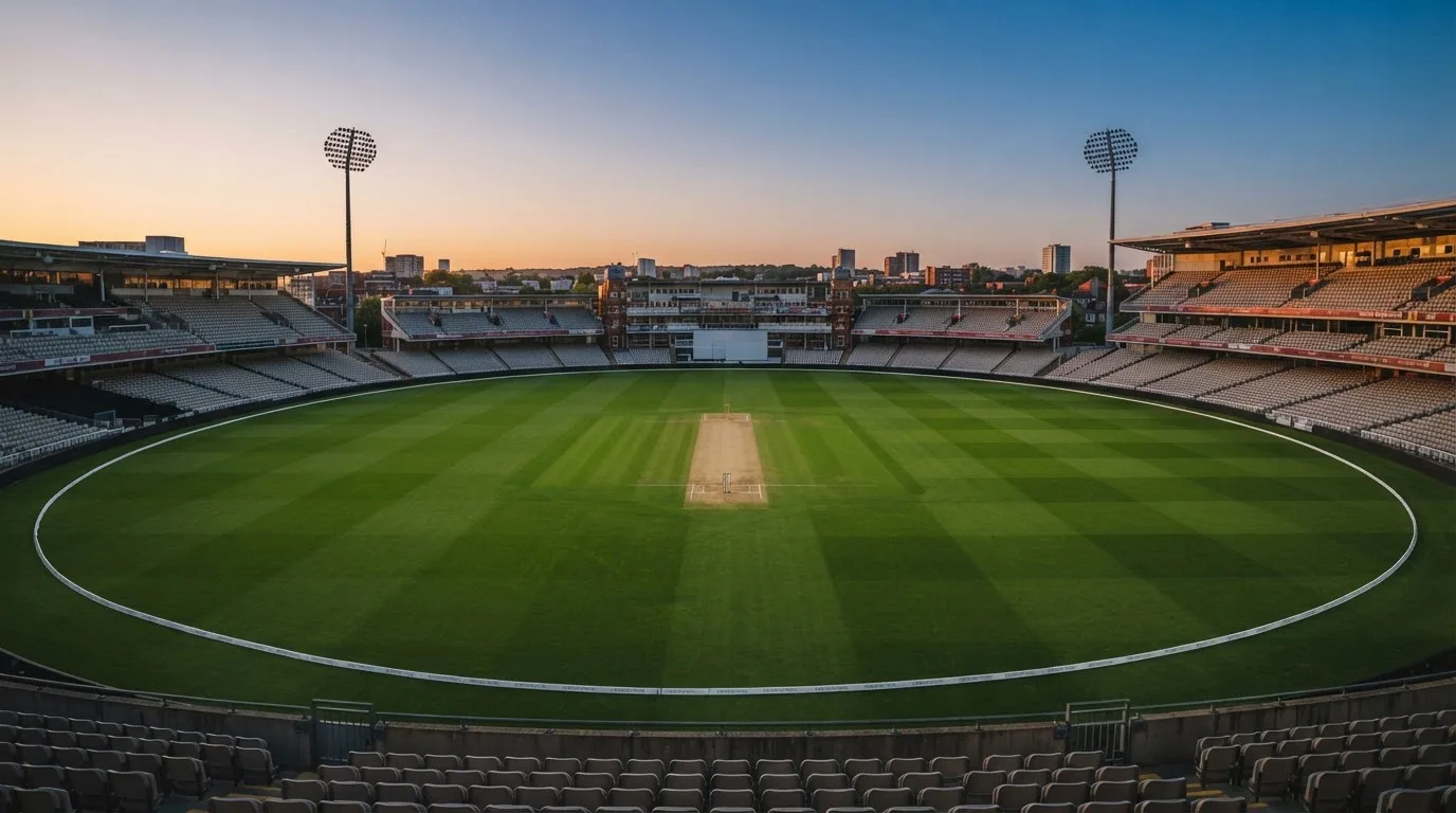 Un estadio de fútbol vacío con torres de iluminación al atardecer