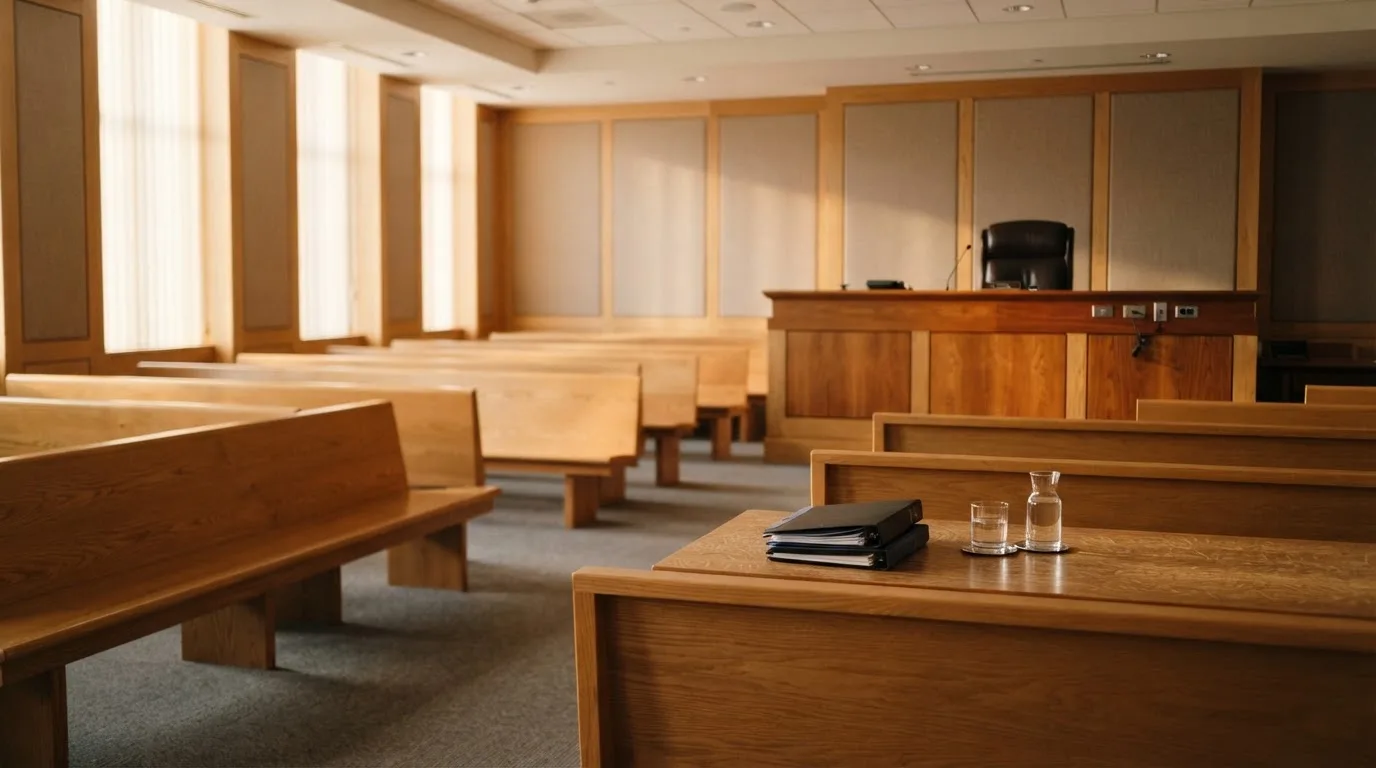 Una sala de tribunal vacía con bancos de madera a la luz de la mañana