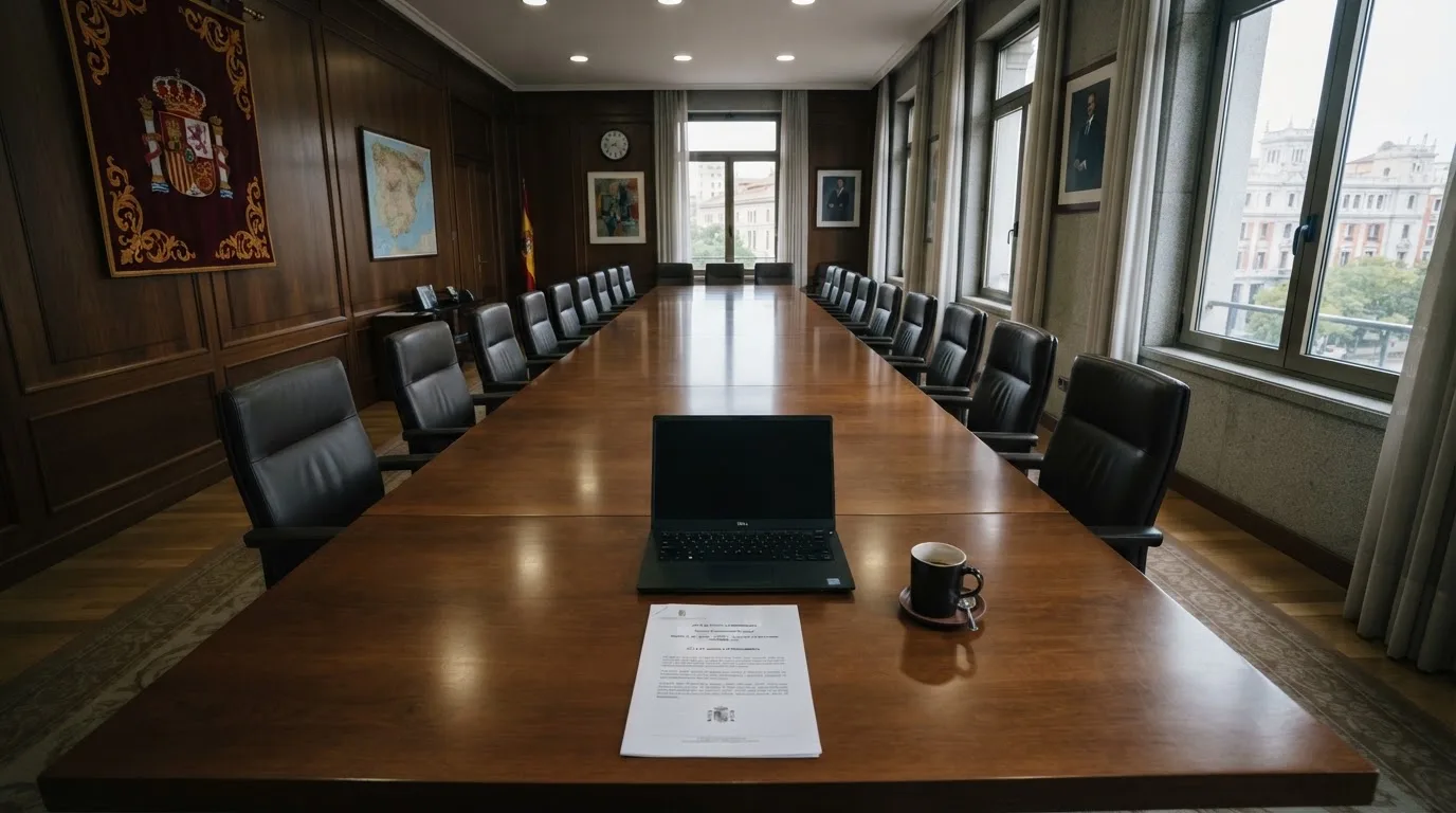 Una sala de tribunal vacía con bancos de madera a la luz de la mañana