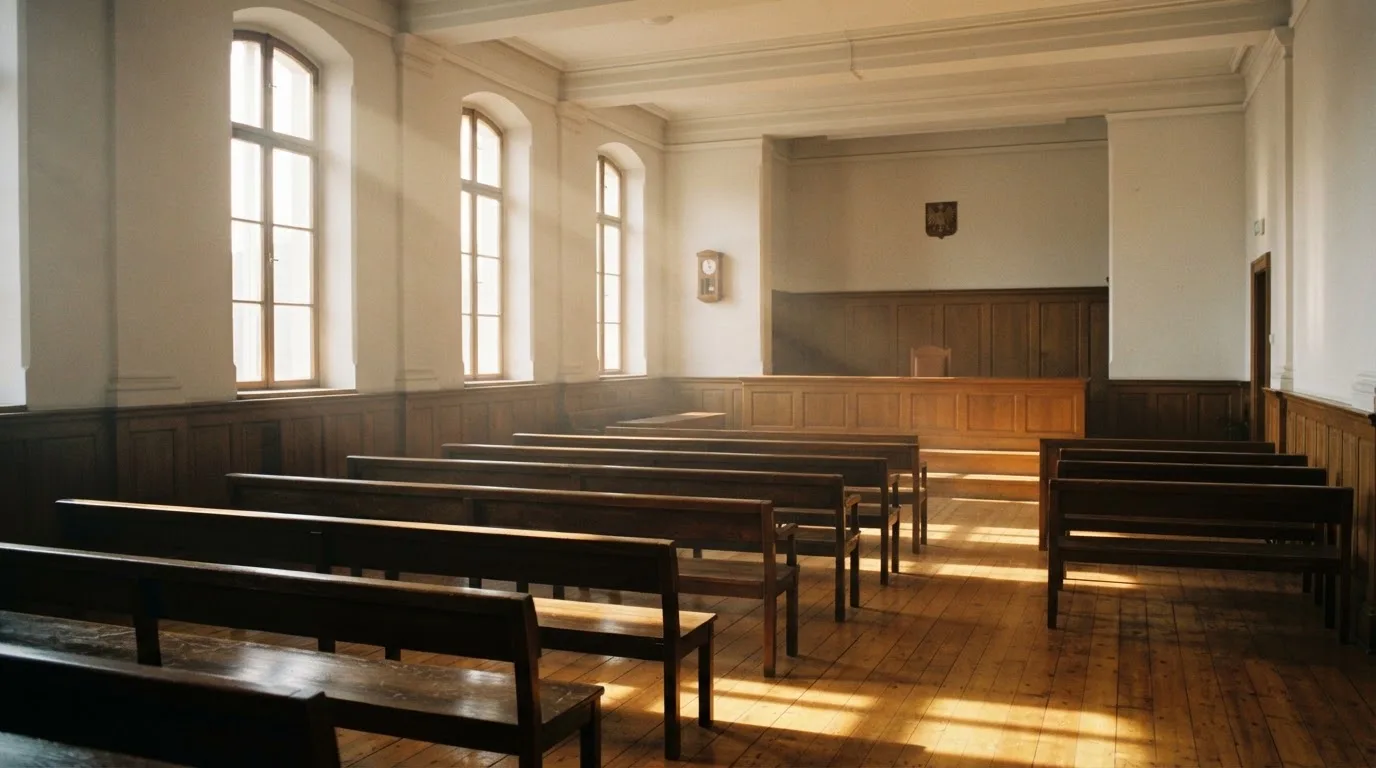 Una sala de tribunal vacía con bancos de madera a la luz de la mañana
