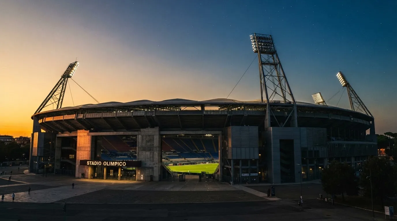 Un estadio de fútbol vacío con torres de iluminación al atardecer