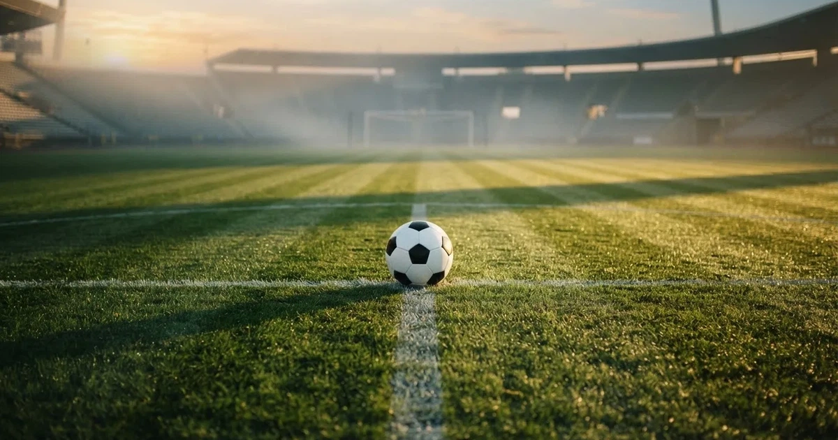 Un balón en el punto central de un campo de césped a la luz de la mañana