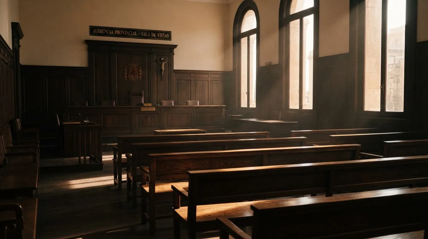 Una sala de tribunal vacía con bancos de madera a la luz de la mañana