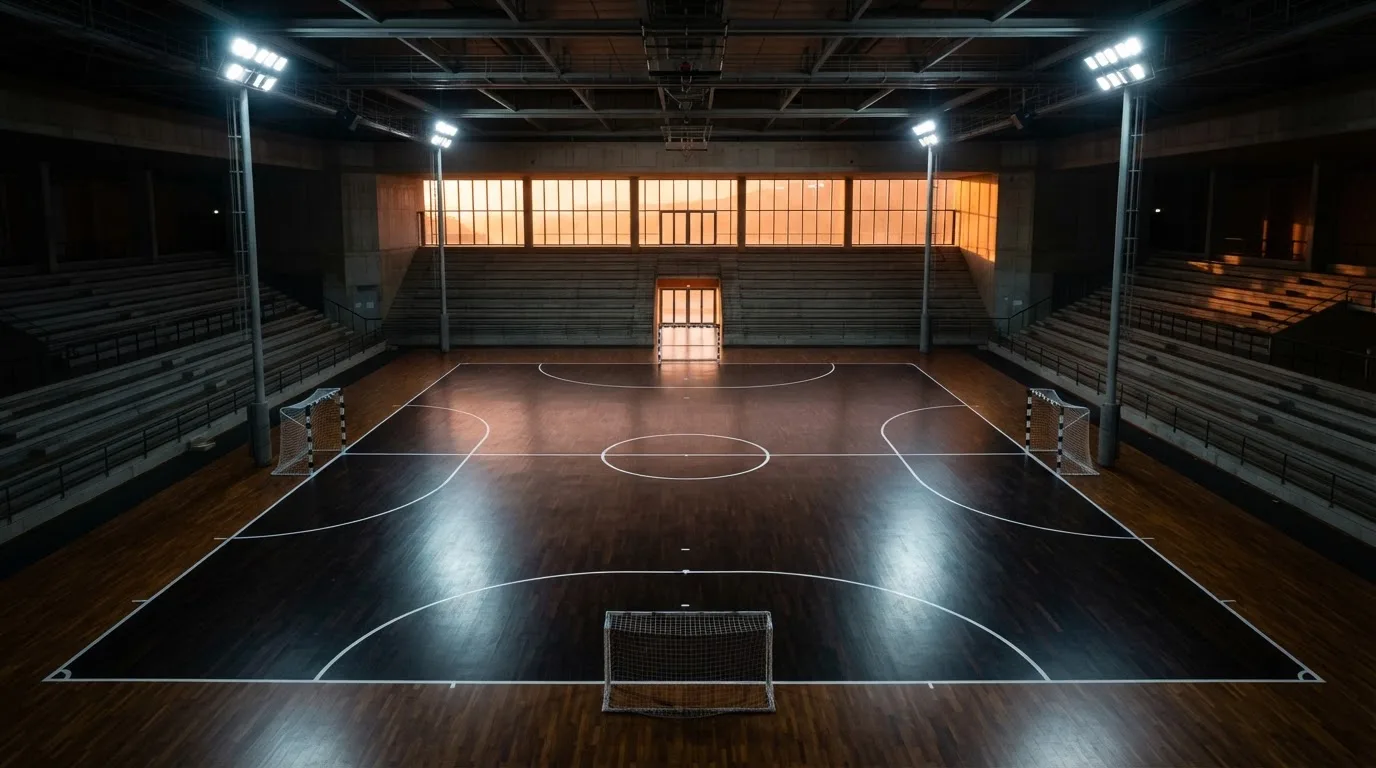 Un estadio de fútbol vacío con torres de iluminación al atardecer