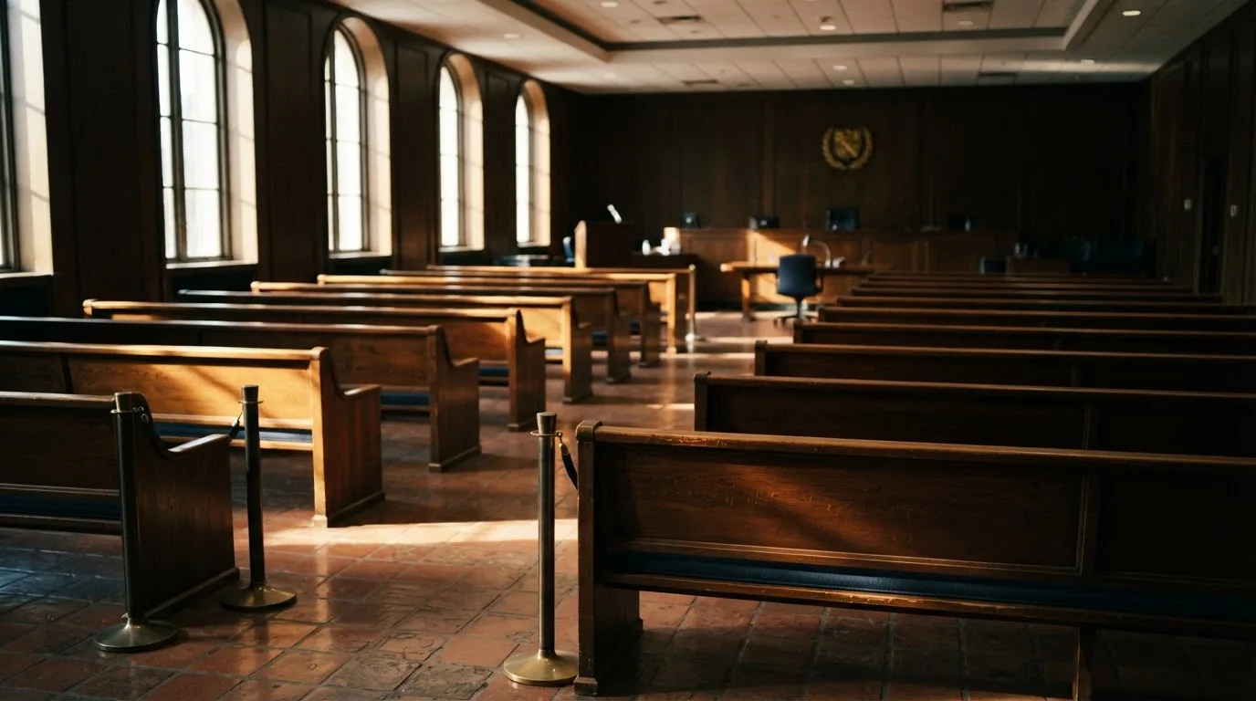 Una sala de tribunal vacía con bancos de madera a la luz de la mañana
