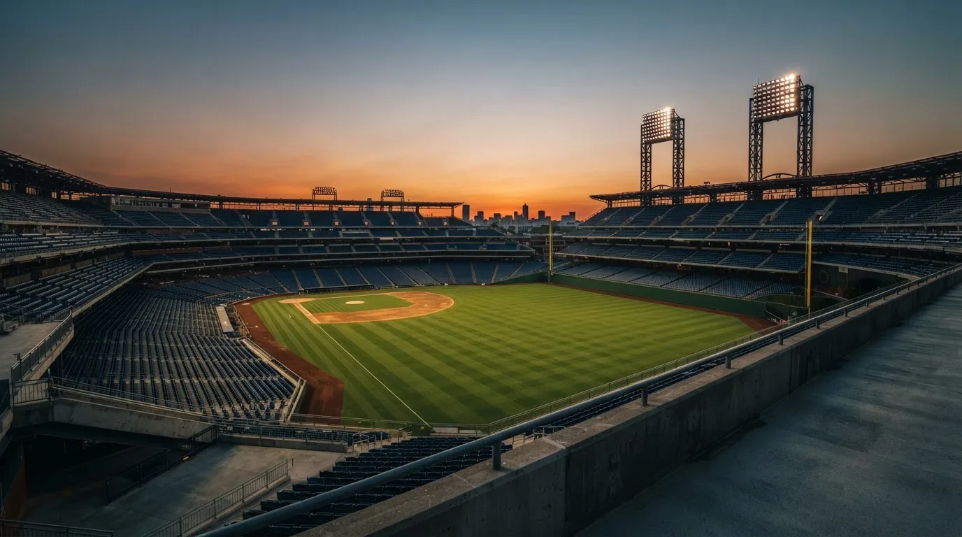 Un estadio de fútbol vacío con torres de iluminación al atardecer