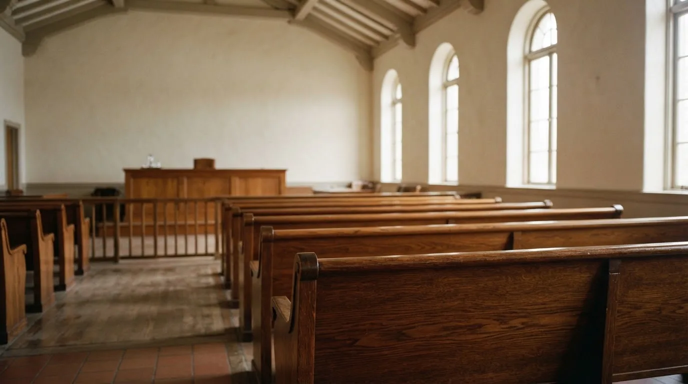 Una sala de tribunal vacía con bancos de madera a la luz de la mañana