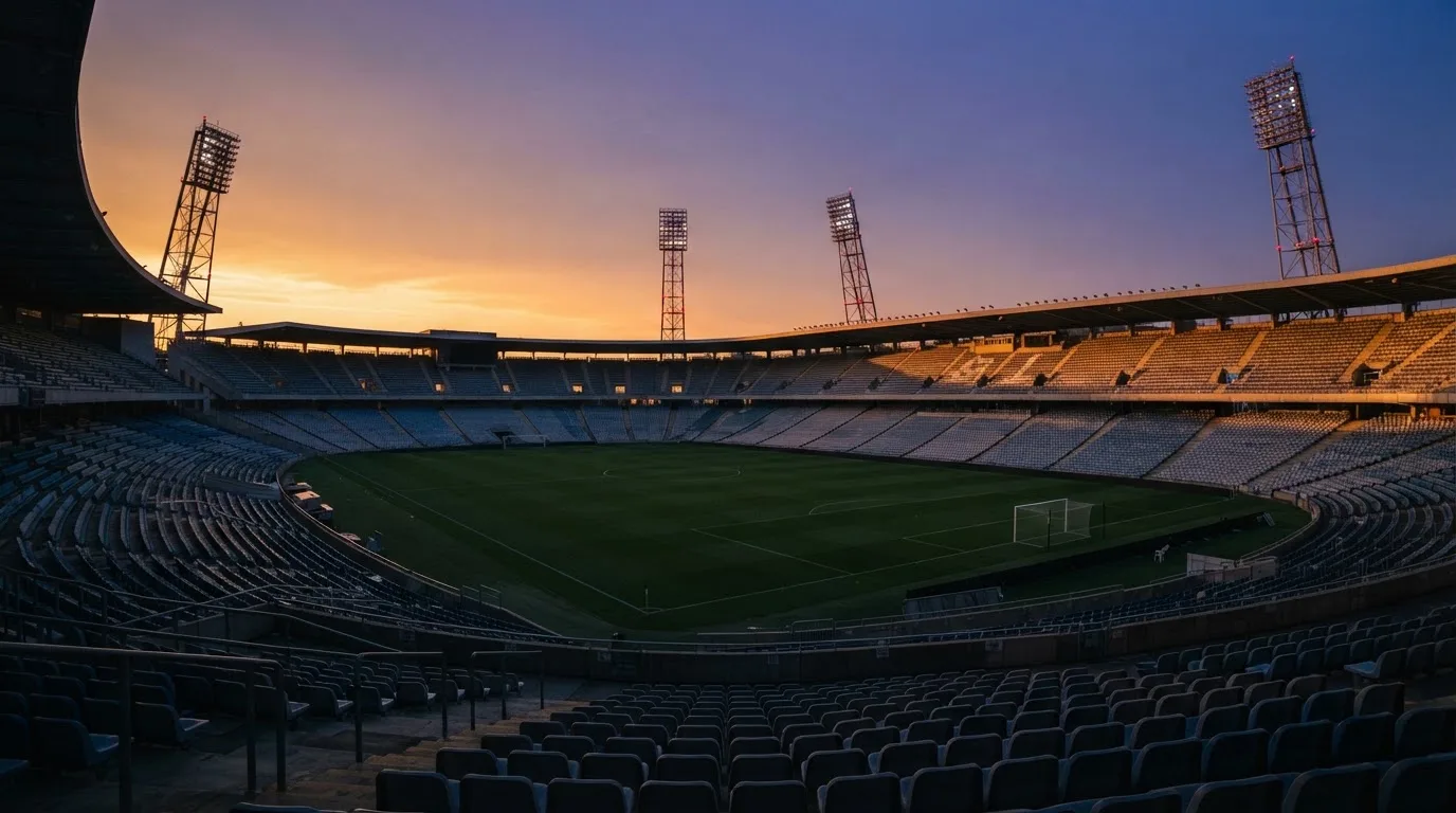 Un estadio de fútbol vacío con torres de iluminación al atardecer