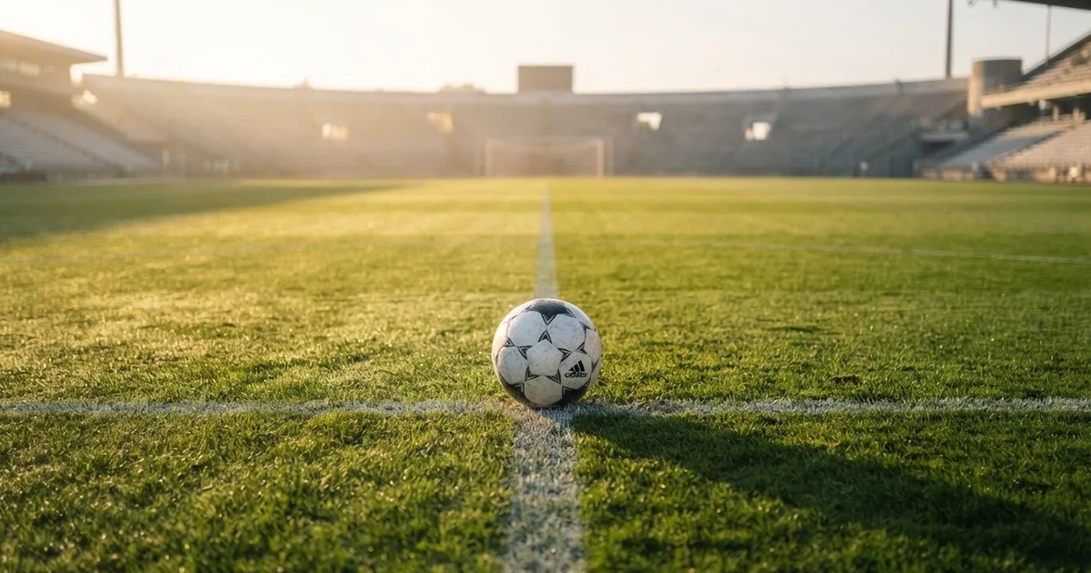Un balón en el punto central de un campo de césped a la luz de la mañana