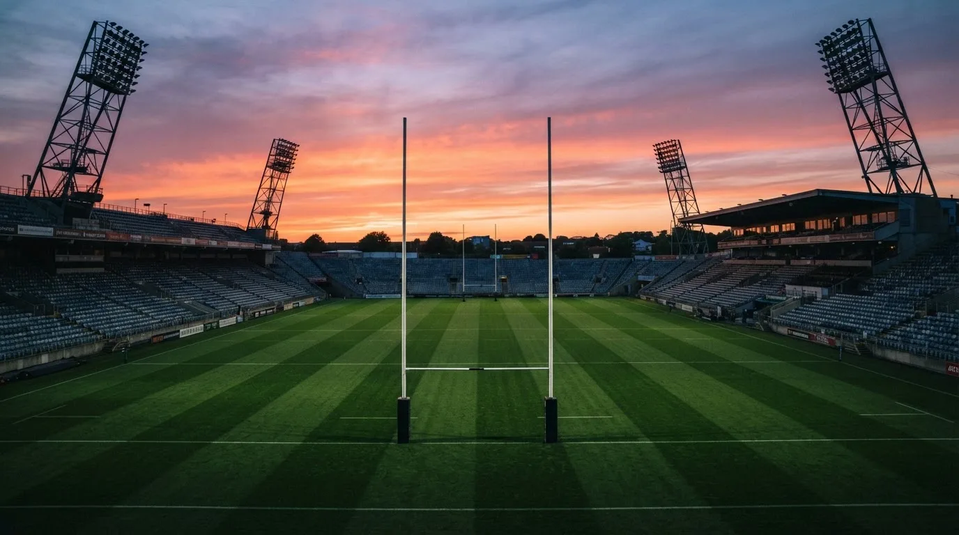 Un estadio de fútbol vacío con torres de iluminación al atardecer
