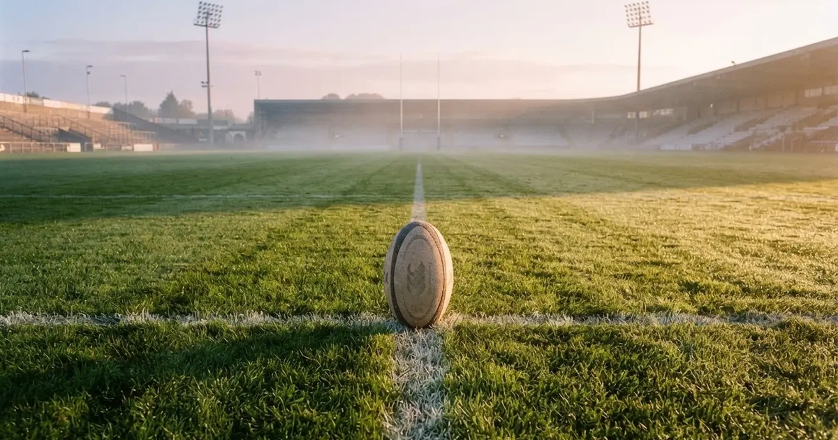 Un balón en el punto central de un campo de césped a la luz de la mañana