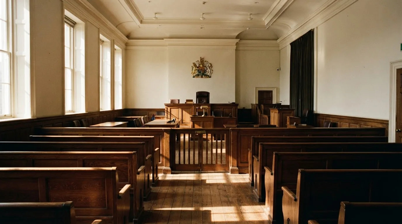 Una sala de tribunal vacía con bancos de madera a la luz de la mañana
