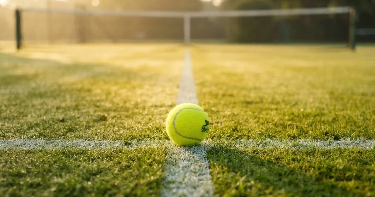 Un balón en el punto central de un campo de césped a la luz de la mañana
