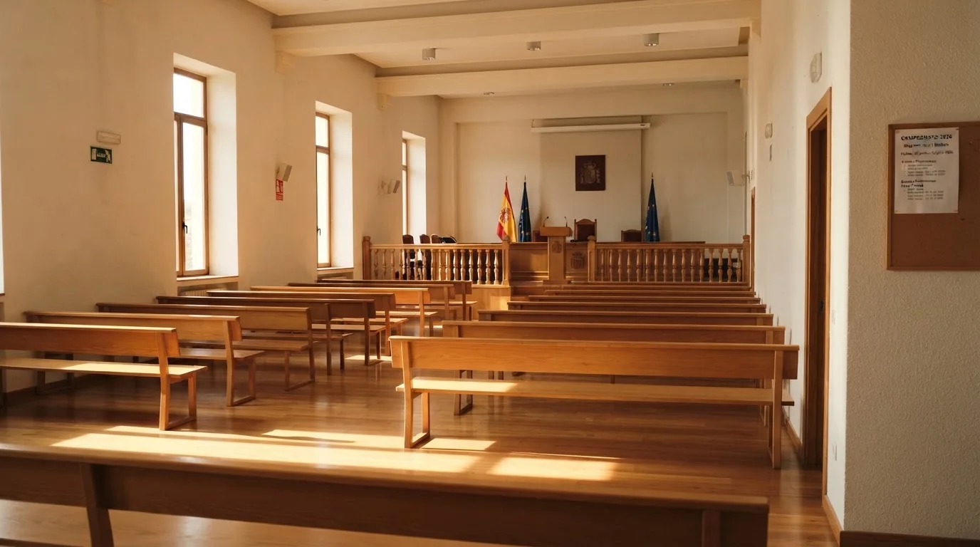 Una sala de tribunal vacía con bancos de madera a la luz de la mañana