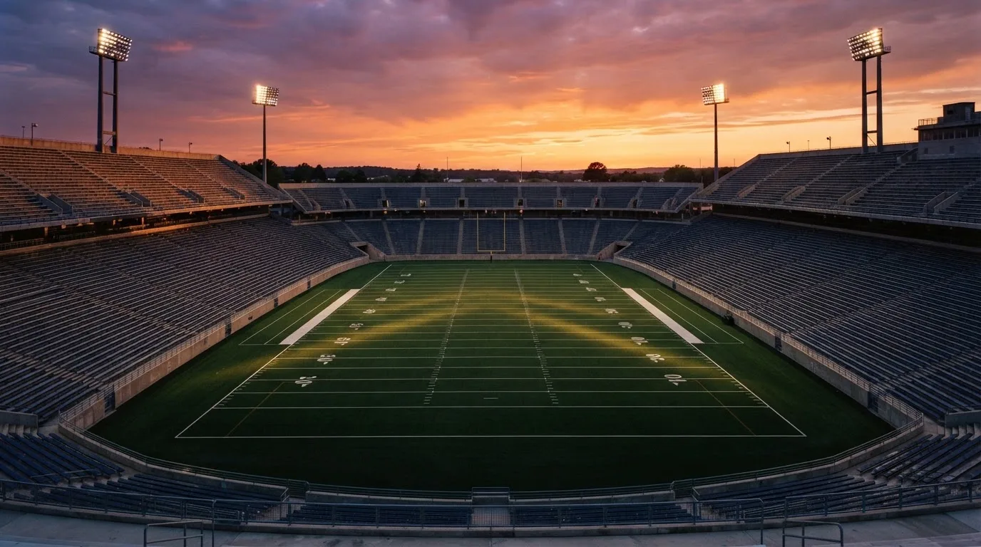Un estadio de fútbol vacío con torres de iluminación al atardecer