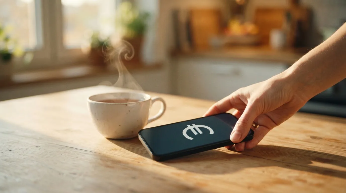 Una mano deja un móvil junto a una taza de té sobre la mesa de la cocina, una tarde tranquila
