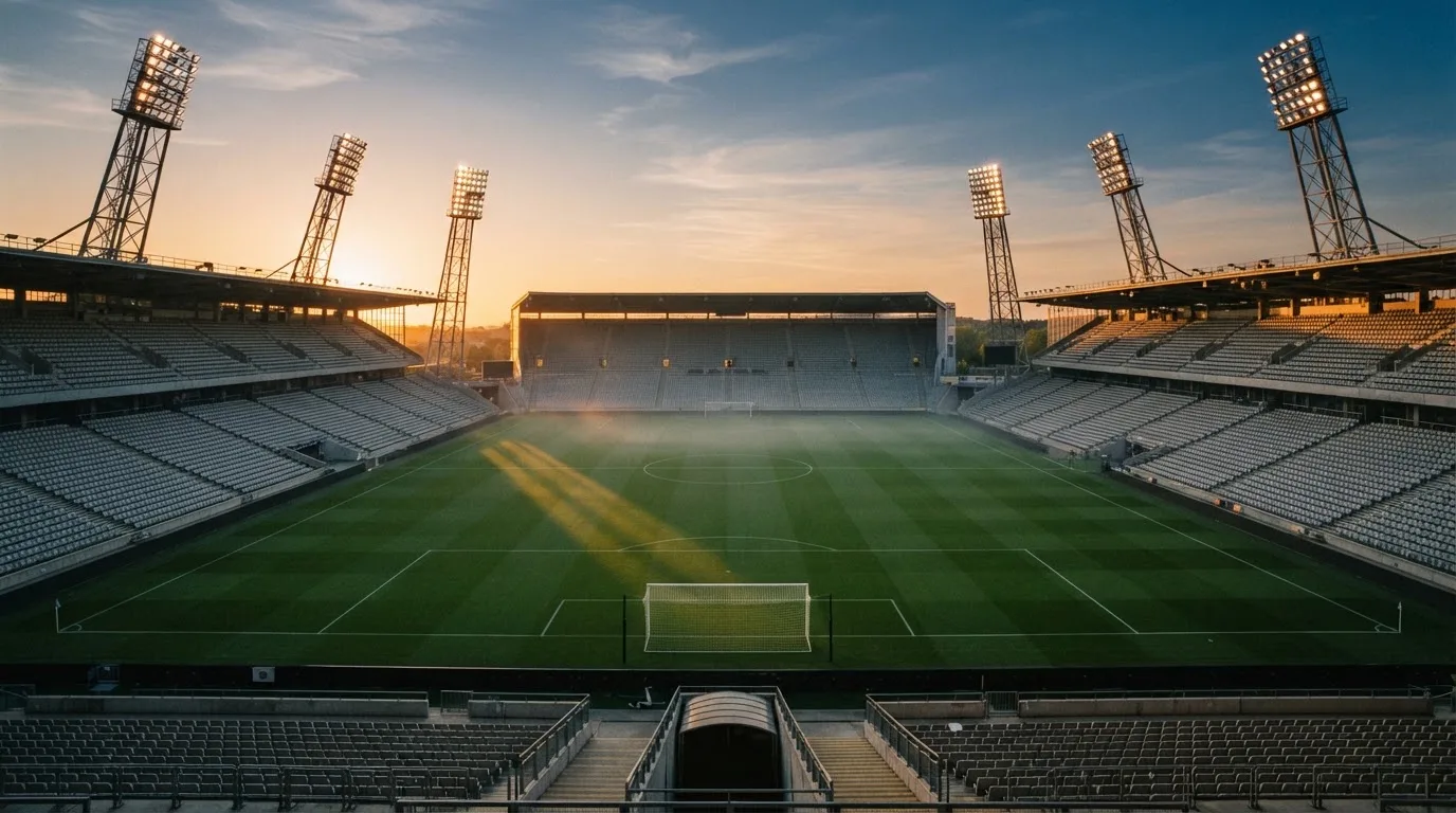 Un estadio de fútbol vacío con torres de iluminación al atardecer