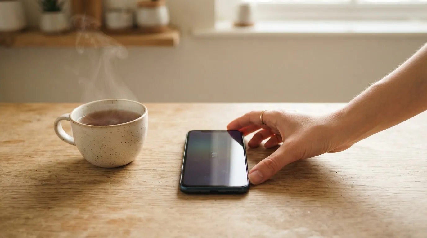 Una mano deja un móvil junto a una taza de té sobre la mesa de la cocina, una tarde tranquila