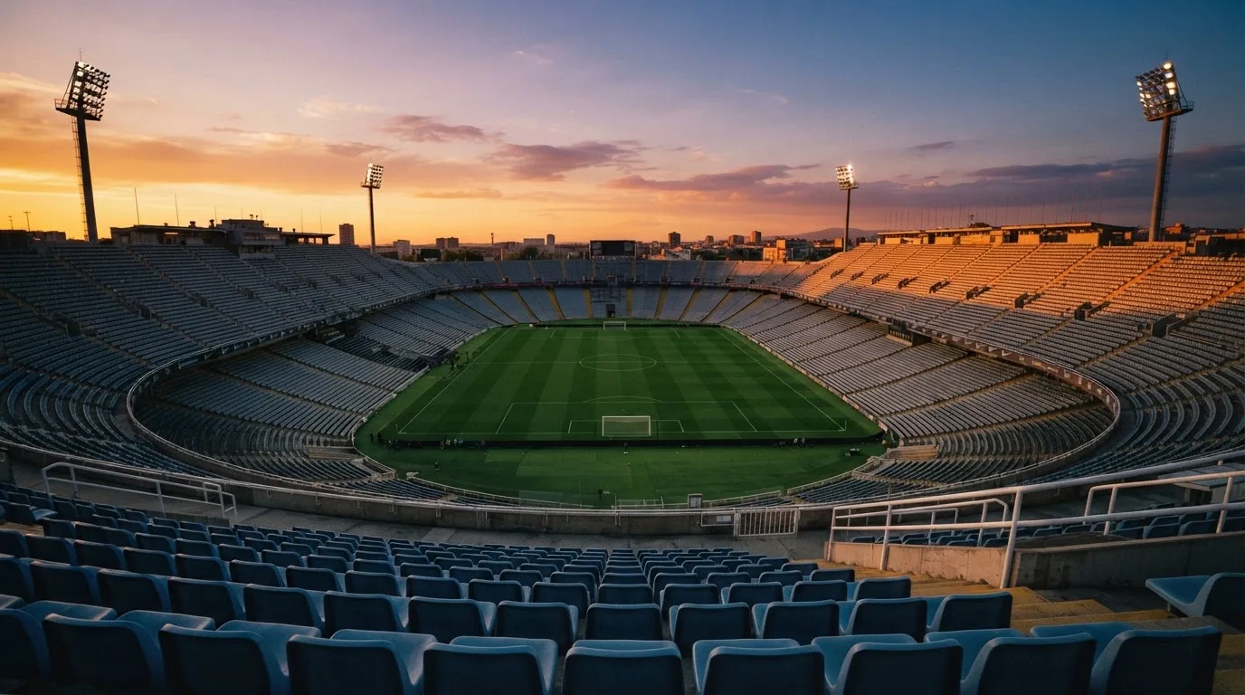 Un estadio de fútbol vacío con torres de iluminación al atardecer