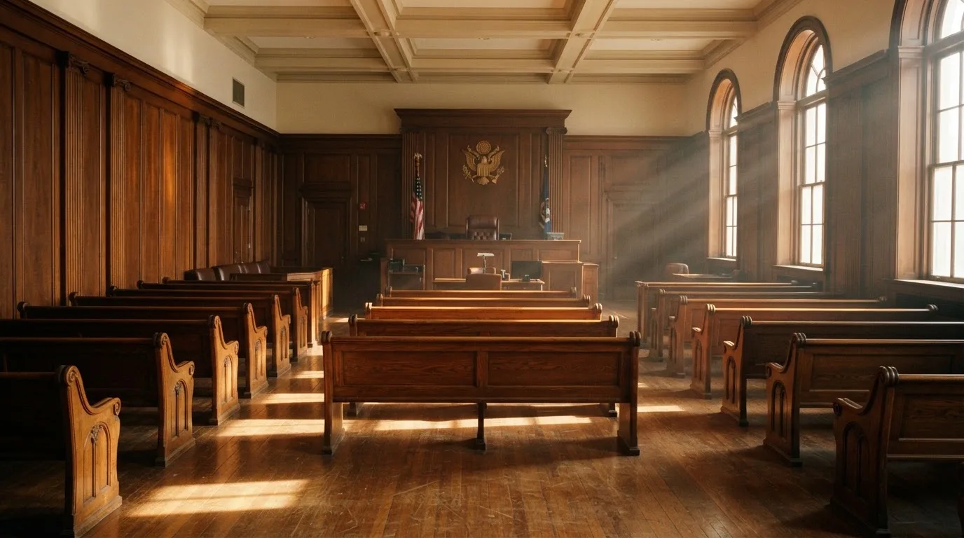 Una sala de tribunal vacía con bancos de madera a la luz de la mañana