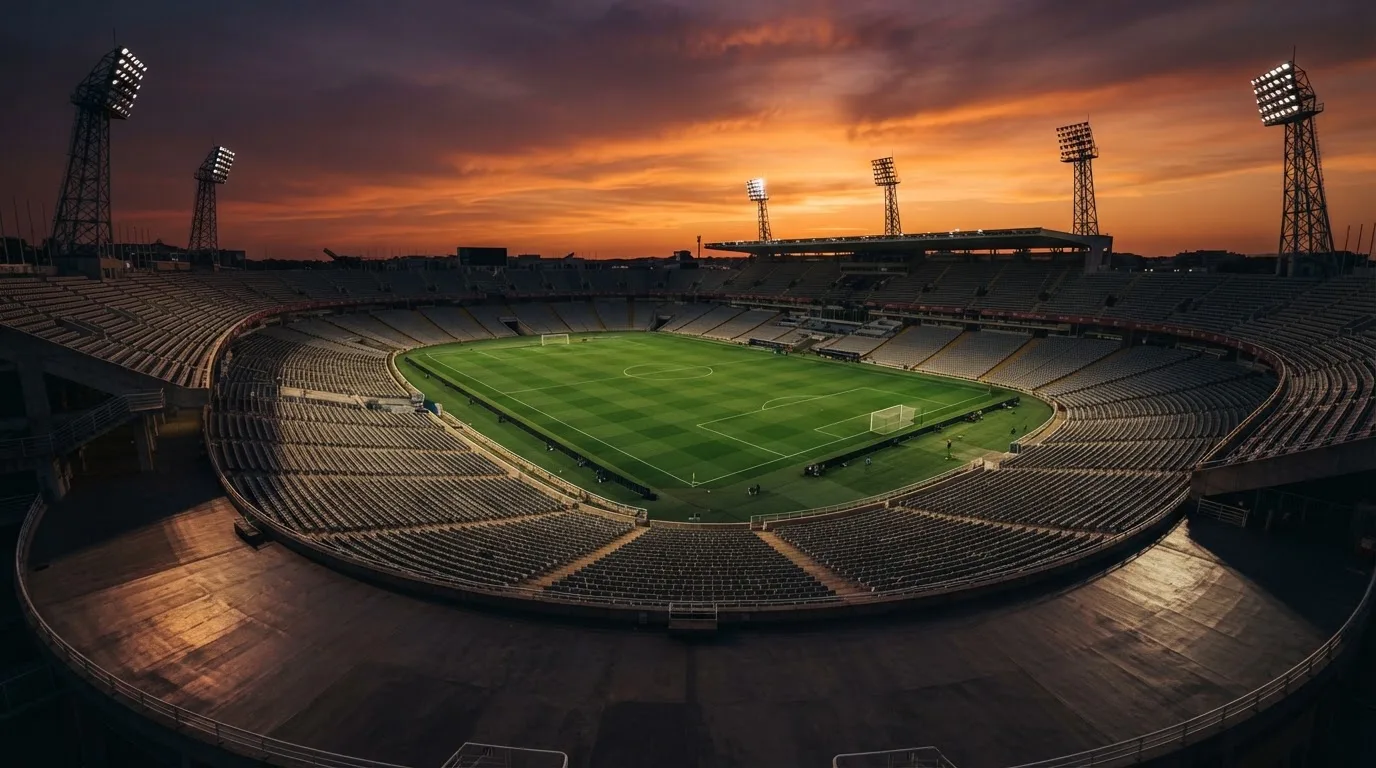 Un estadio de fútbol vacío con torres de iluminación al atardecer