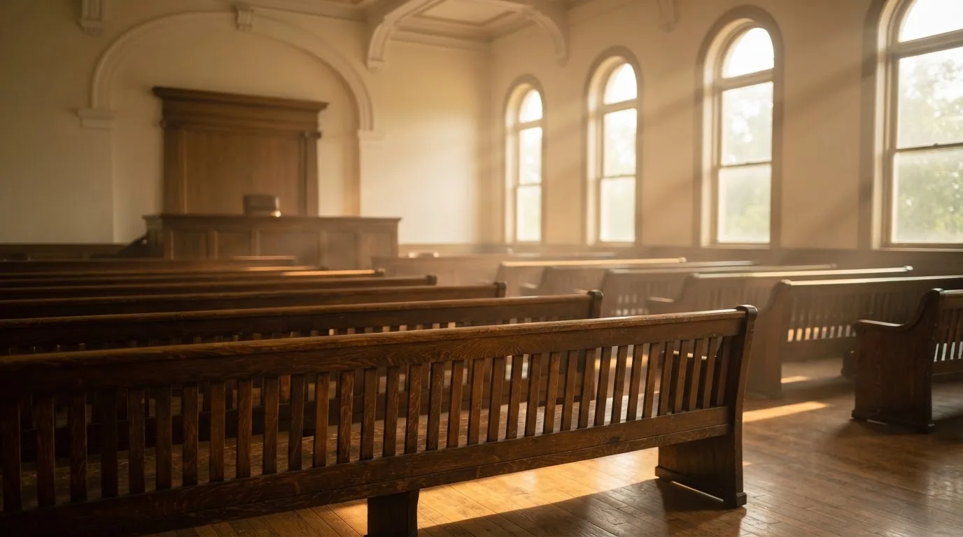 Una sala de tribunal vacía con bancos de madera a la luz de la mañana