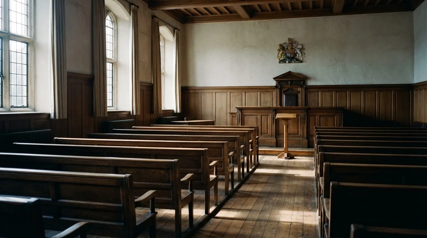 Una sala de tribunal vacía con bancos de madera a la luz de la mañana