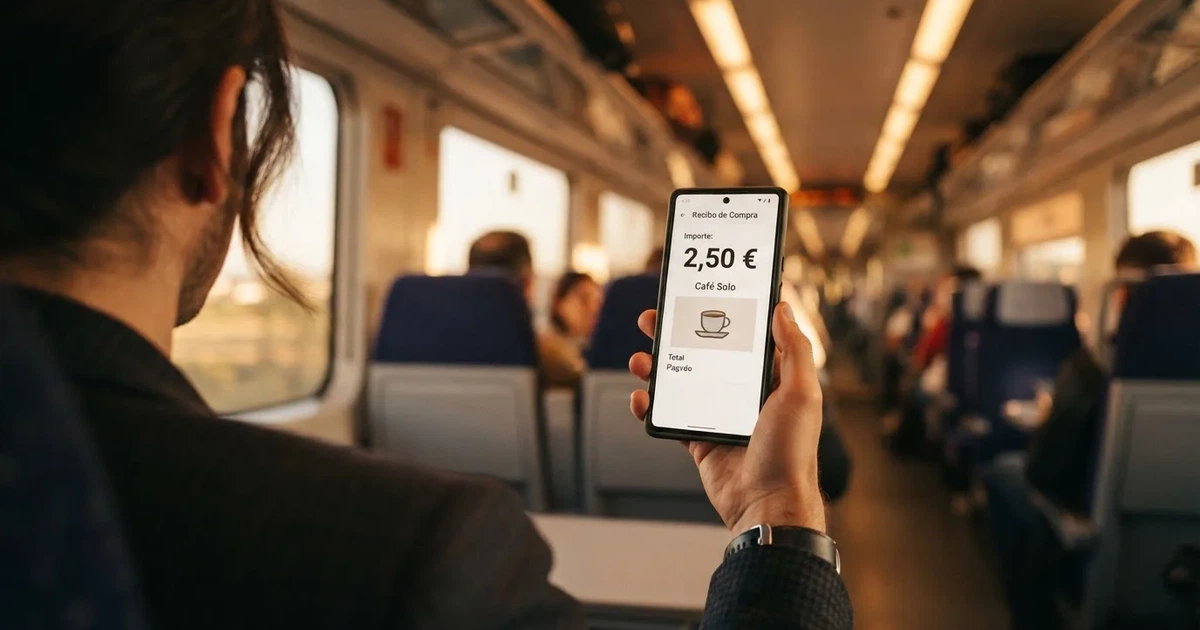 Una mano sostiene un móvil en el tren por la tarde, con la pantalla girada