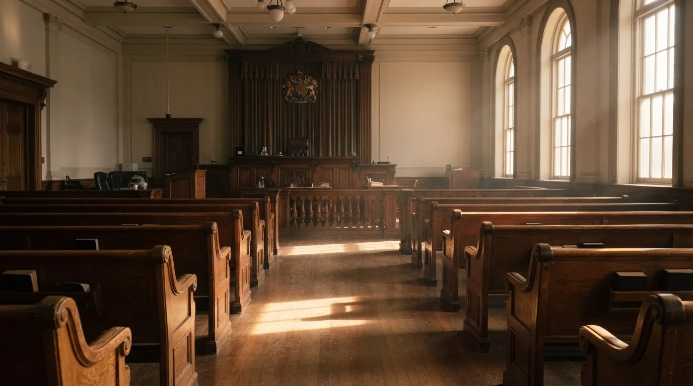 Una sala de tribunal vacía con bancos de madera a la luz de la mañana